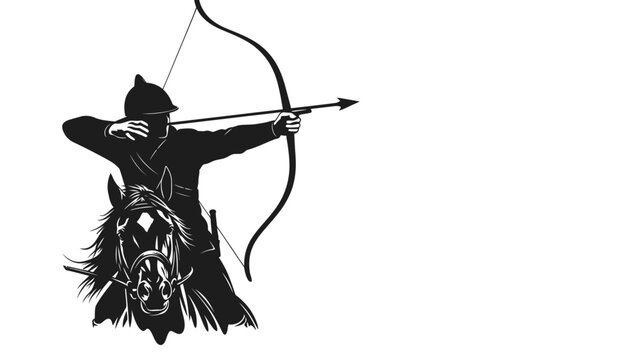 A black silhouette of a hooded archer riding a horse while aiming a bow and arrow against a clean white background.