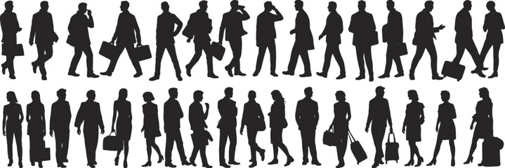 Large collection of black silhouettes featuring business men and women walking talking on phones and carrying suitcases isolated on white background for corporate travel use
