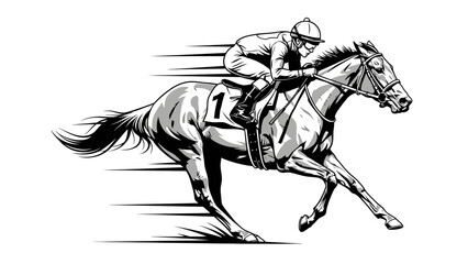 A jockey riding a horse in a dynamic, motion-blurred gallop against a clean white background in a monochromatic, illustrative style. © Budiana