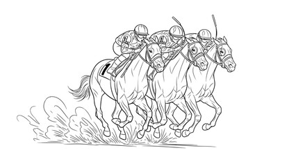 Line drawing of jockeys riding horses at full gallop with motion blur in the background. © Budiana