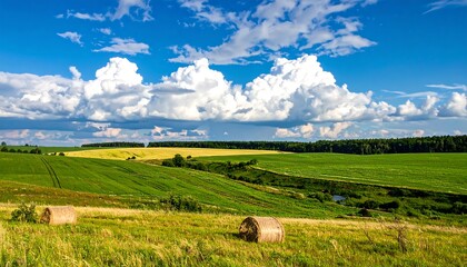 Obraz premium Vast agricultural landscape with rolling green fields and golden hay bales under a dramatic sky.