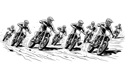 A group of motorcyclists racing on a track in a dynamic, monochromatic illustration with a sense of motion and energy. © Budiana