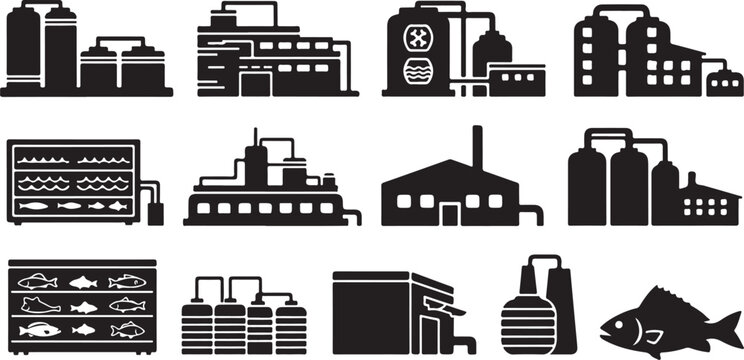 Industrial Factory and Fish Processing Plant Icon Set Graphic