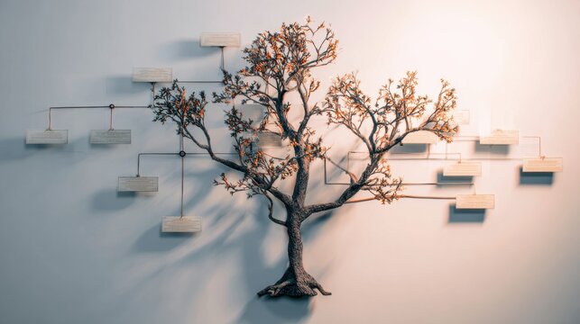 A conceptual tree with attached boxes, symbolizing family history. It is a symbol of growth, life and lineage.