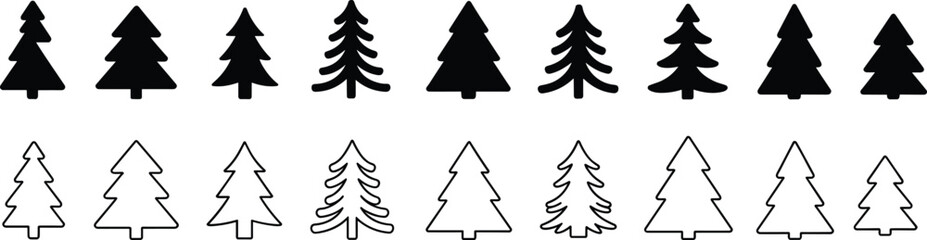 Rows of black silhouette and outline Christmas trees on white Keywords: christmas tree, pine tree, fir tree, evergreen, forest © Rasel