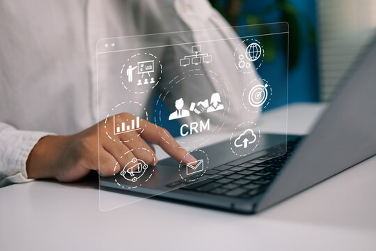 CRM customer relationship management concept, Businessman working on laptop digital marketing icons, sales analytics dashboard client data management business automation email cloud system performance