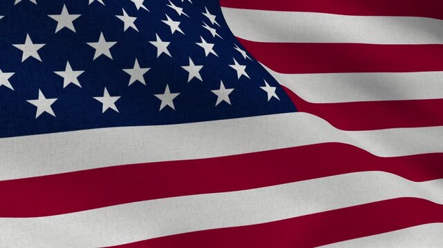 The American flag blows from the wind. Graphic flag of the USA. Close up of US flag waving. Detailed fabric texture with dynamic motion and realistic folds 