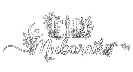 Elegant line art illustration of 'Eid Mubarak' text adorned with floral elements, crescent moon, and star, symbolizing a beautiful Islamic greeting.
