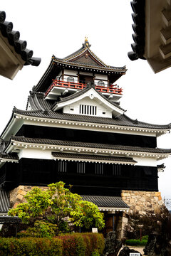 Close-up of Kiyosu Castle roof and architectural details in rainy Nagoya Japan
