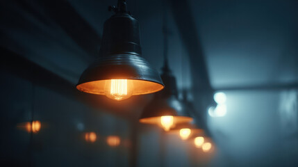 Obraz premium Industrial pendant lights with warm bulbs provide atmospheric lighting for a loft interior in a contemporary urban space