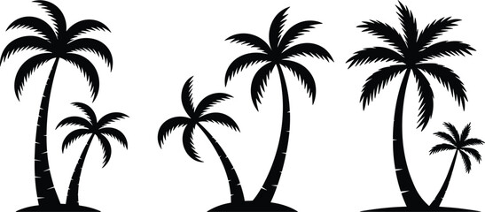 Fototapeta premium Three Black Palm Tree Silhouettes with Smaller Companions on White Background tropical nature