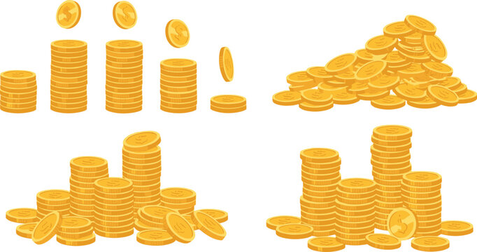 Stack of gold coins vector set with falling money piles of golden cash treasure isolated on white background for game ui finance