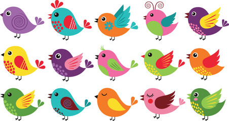 Colorful vector collection of cute cartoon birds with decorative patterns and vibrant feathers isolated on white background for nursery decor and spring designs.