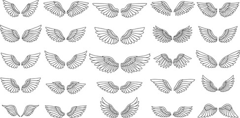 Large minimalist wing icon collection featuring various feather span shapes and bird wing silhouettes in black line art style vector isolated. © Shefali
