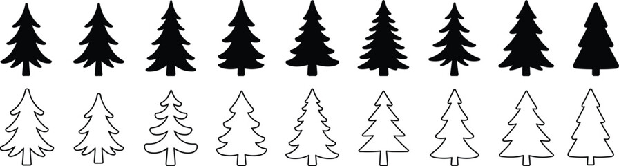 Two rows of black silhouette and outline pine trees on white Keywords: pine tree, fir tree, evergreen, forest, nature