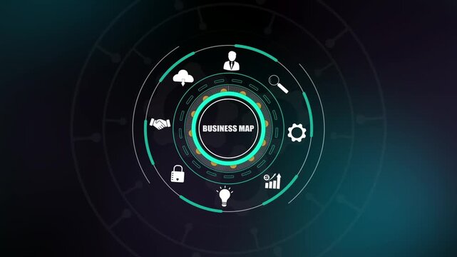 Business map strategy, digital corporate navigation icons on HUD interface, global networking roadmap, professional success development.
