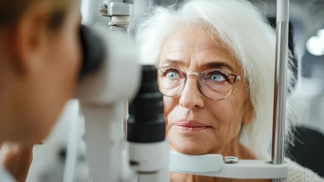 Close-up: senior woman having an eye examination by an optometrist on a slit lamp