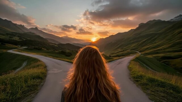 Woman at a Crossroad: Choosing a Path in the Mountains at Sunset