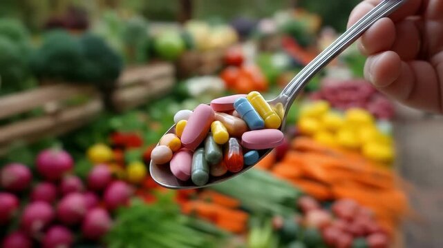 Spoon piled with colorful multivitamin capsules against a background of fresh bright vegetables