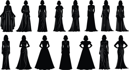 Black vector silhouette set of sixteen elegant women wearing diverse long evening gowns and formal dresses for fashion retail branding prom and gala advertising © laizuAra