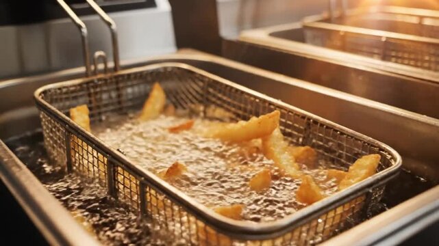 Crispy French Fries Golden Brown Immersion in Deep Fryer Basket Commercial Kitchen Close Up