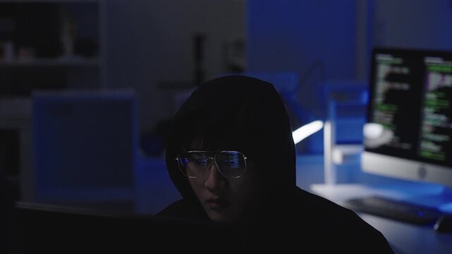Hacker in data security concept. Hacker front of his computer committing digital cybercrime. Cyber security.  Hacking the Internet. Cyber attack.