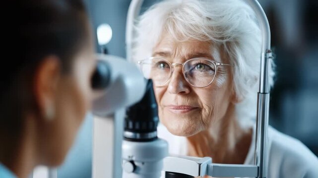 Close-up: senior woman having an eye examination by an optometrist on a slit lamp