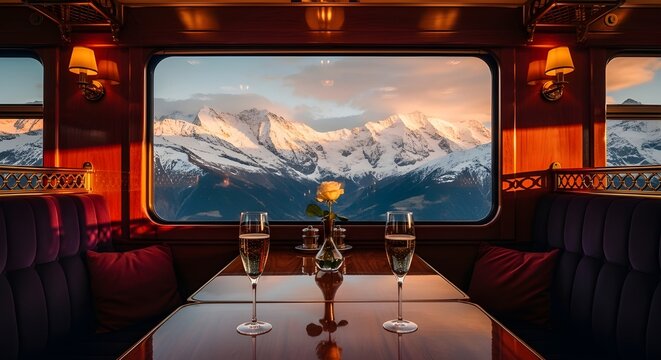 Luxury dining car interior of a vintage train with champagne and a rose on the table, overlooking a breathtaking sunset view of snow capped Swiss Alps mountains