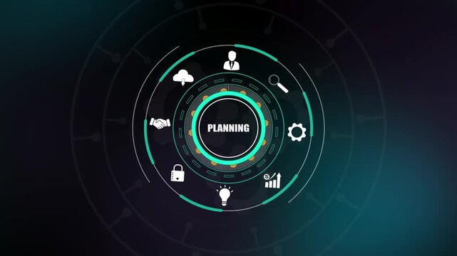 Planning strategy concept, digital business organization icons on HUD interface, corporate success roadmap, professional project management.