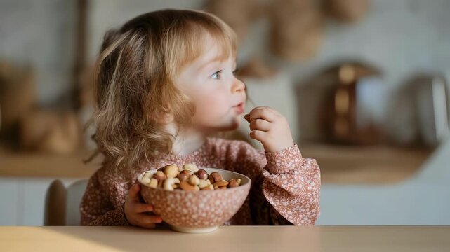 Surprised cute little girl 3-5 years old holding a bowl of assorted nuts on a bright blue background