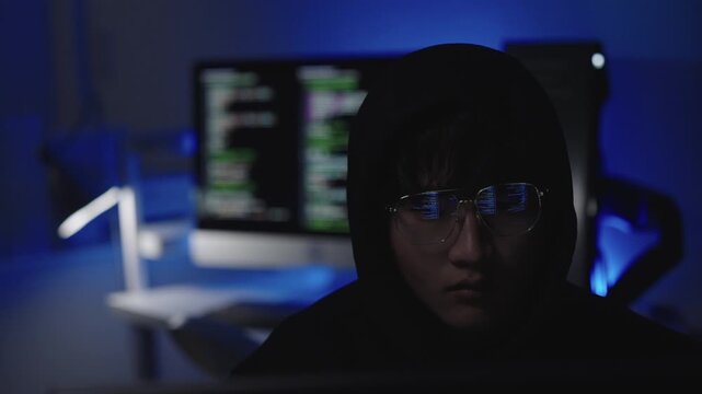 Hacker in data security concept. Hacker front of his computer committing digital cybercrime. Cyber security.  Hacking the Internet. Cyber attack.