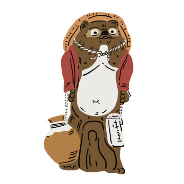 Raccoon Dog Japan Traditional Figurine Tanuki Art Craft Hand drawn color illustration