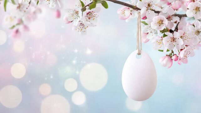 White egg-shaped tag hangs from a blossoming cherry branch, framed by soft pastel bokeh. Easter, spring message or invitation