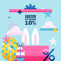 Easter present vector illustration. Open gift box with bunny ears and eggs. Sale banner, discount coupon, voucher design