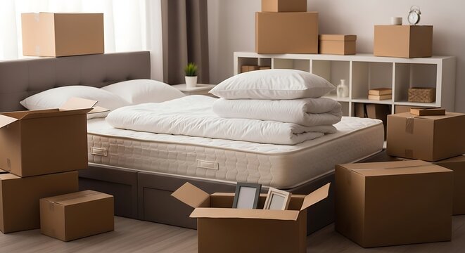 A cluttered bedroom with a bed surrounded by numerous cardboard boxes.