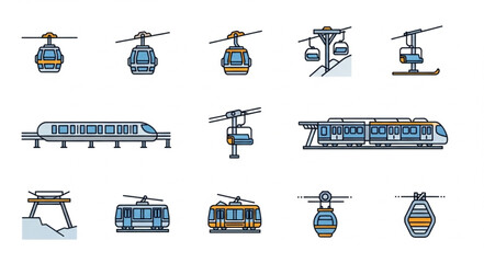 Various illustrations of different types of transportation vehicles, including cable cars and trains. © Widia