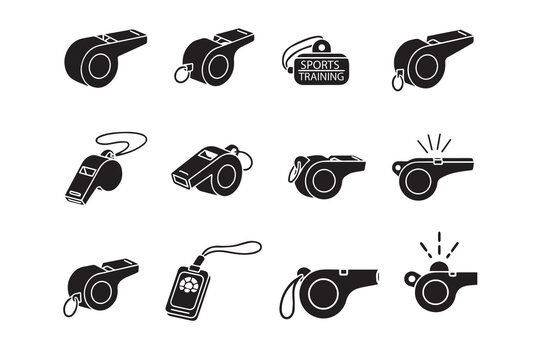 Referee Whistle Icon Set, Sports Coach Whistle Vector Illustrations, Training Equipment Symbols