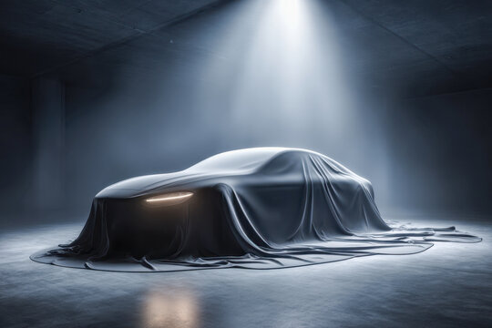 Sleek modern sedan draped in dark fabric under dramatic spotlight in a mysterious spacious indoor setting hinting at a luxurious vehicle reveal event