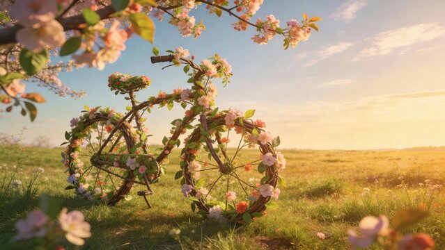 Whimsical bicycle woven from branches and fresh blossoms stands in a sunlit spring meadow. Warm golden light, dreamy atmosphere, and eco-friendly travel concept in a blooming landscape.