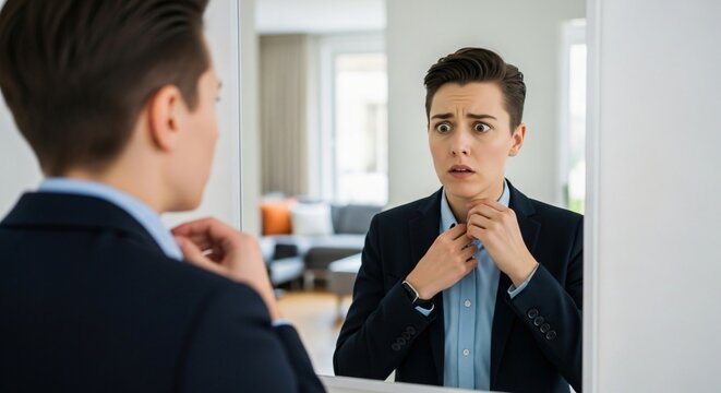 Feeling Nervous Young Adult Checking Appearance Before Important Social Meeting