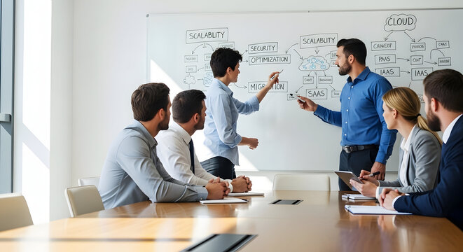 Business team discussing strategy on whiteboard in meeting room