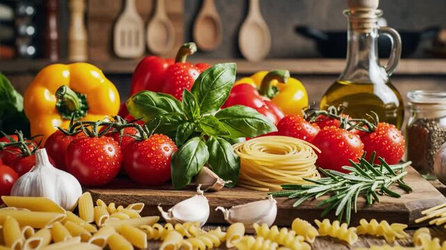 Italian cooking ingredients assortment with pasta tomatoes basil and olive oil in rustic kitchen setting