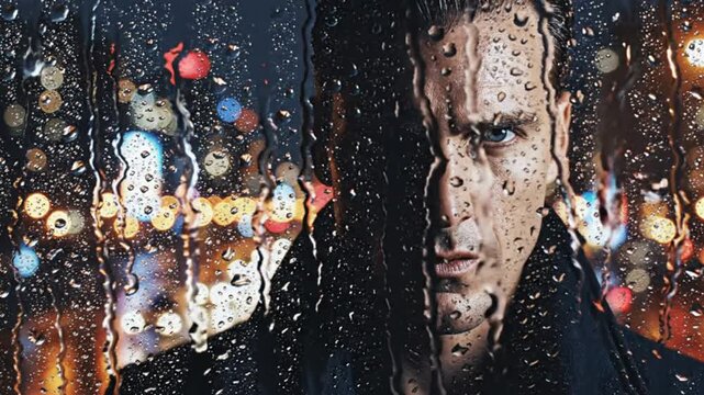 Intense cinematic portrait of a man staring through a rain-covered window with city lights in the background.