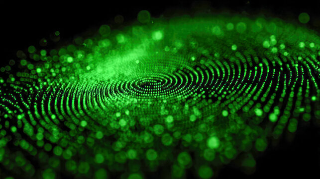 Abstract green glowing particles arranged in a vortex pattern creating a futuristic and dynamic visual effect on a dark background for technology concepts
