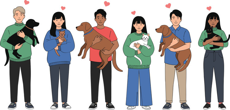 Diverse people characters hugging and holding their pet dogs and cats with love and care vector illustration isolated.