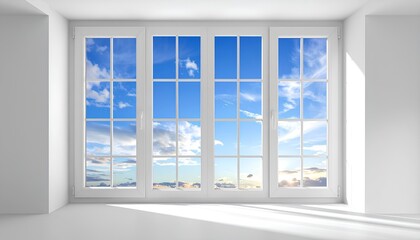 Fototapeta premium wide interior view of a large white window with four panes and sunny blue sky.
