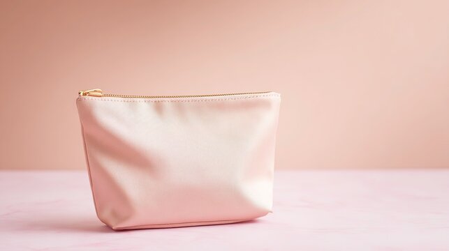 Pink cosmetic bag with elegant brushed gold zipper, subtle fabric texture visible, on soft blush marble surface, minimalist composition, even studio lighting, sharp product clarity, photoreal
