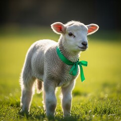 Fototapeta premium White Lamb Standing in Green Field Wearing a Green Ribbon Portrait