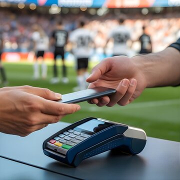 Close up of hands making contactless mobile payment with smartphone at football stadium counter.