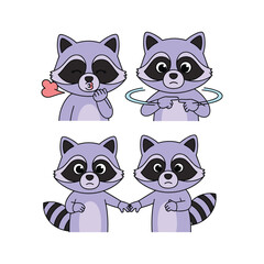 Fototapeta premium Cute cartoon raccoons showing love and friendship gestures with copy space